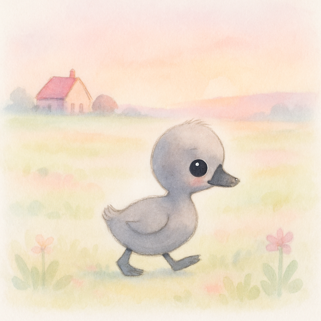 회색 아기 새가 농장을 떠나 넓은 들판을 뒤뚱뒤뚱 걸어가는 장면